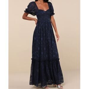 Lulus NWOT Phenomenal Sweetness Navy Floral Burnout Bustier Maxi Dress Small